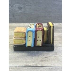 Bookshelf Stack of Books Ceramic Salt & Pepper Shakers Novelty Set Tray Vintage